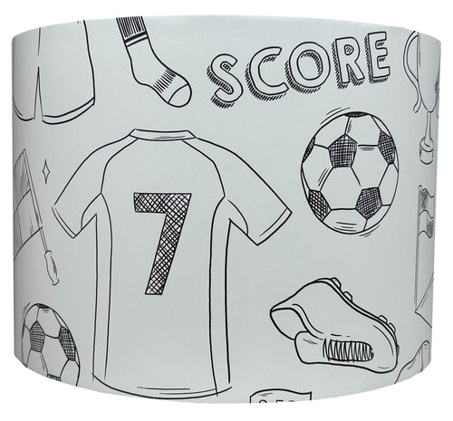 Kids football lampshade featuring black and white soccer balls on a white background.