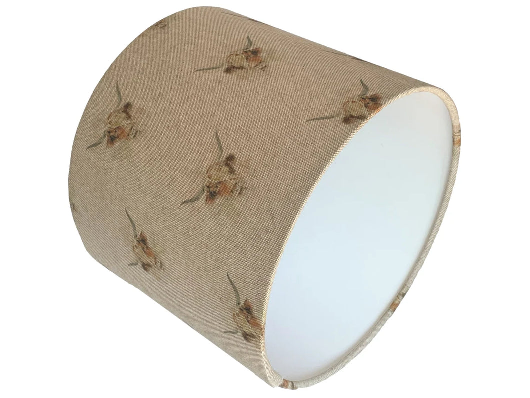 Highland Cow lampshade with animal print fabric, perfect for ceiling or table lamps.