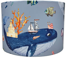 Load image into Gallery viewer, Blue whale-themed lampshade with fish, jellyfish, boats, and snails, perfect for children&#39;s bedrooms.