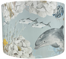 Load image into Gallery viewer, ocean-themed lampshade with vibrant sea creatures, including dolphins and turtles.