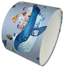 Load image into Gallery viewer, nautical lampshade showcasing a playful whale town design and vibrant sea life.