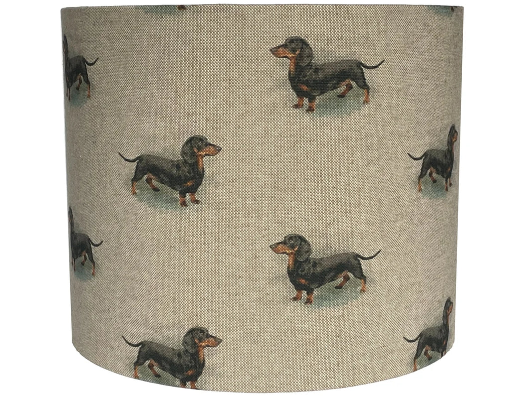 Linen lampshade featuring a beige dachshund design, suitable for ceiling or table lamps.