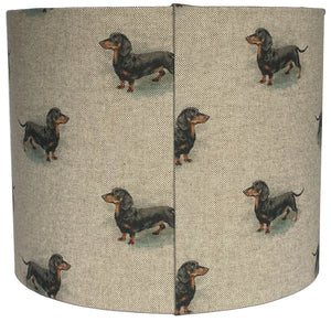 Handcrafted linen lampshade with dachshund motifs, ideal for ceiling pendants or table lamp bases