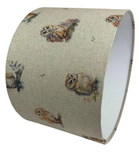 Load image into Gallery viewer, Linen owl lampshade for ceiling or table lamps, ideal for nurseries or living rooms.