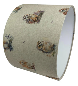 Linen owl lampshade for ceiling or table lamps, ideal for nurseries or living rooms.